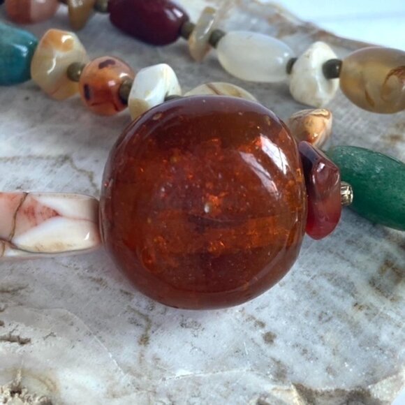Artisan Natural Stone Beaded Boho 26" Boho Necklace Amber Colored Glass Pendant - Picture 4 of 16
